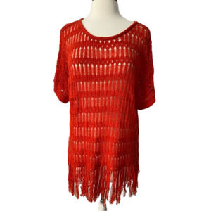 Women's XL Boho Hippie Red Fringe Open Knit Crochet Short Sleeve Sweater‎